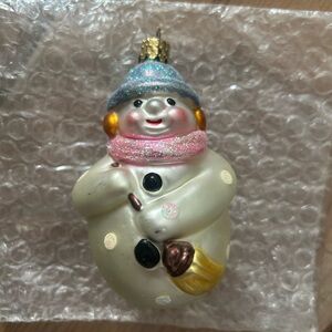 Christopher Radko Festive Snowman Ornament with Pastel Pink Scarf and Blue Hat